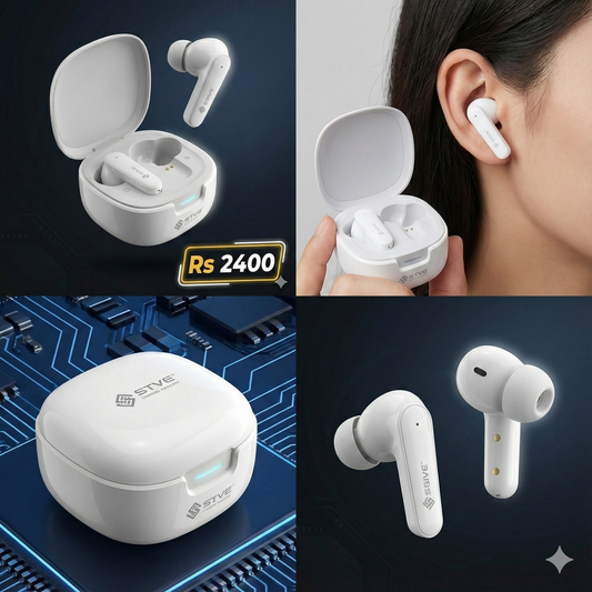 STVE TWS Wireless Earbuds | Pure White Edition | Deep Bass & Crystal Clear Mic | Premium Audio Series