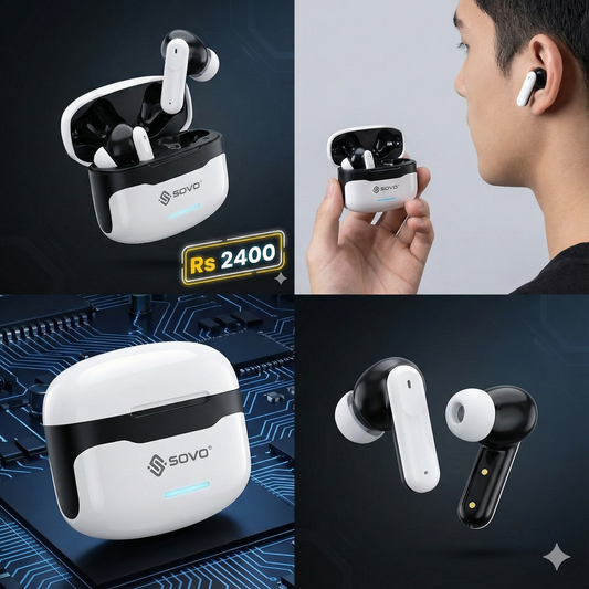 SOVO TWS Wireless Earbuds | High-Fidelity Sound & Deep Bass | Premium Dual-Tone Black & White Design